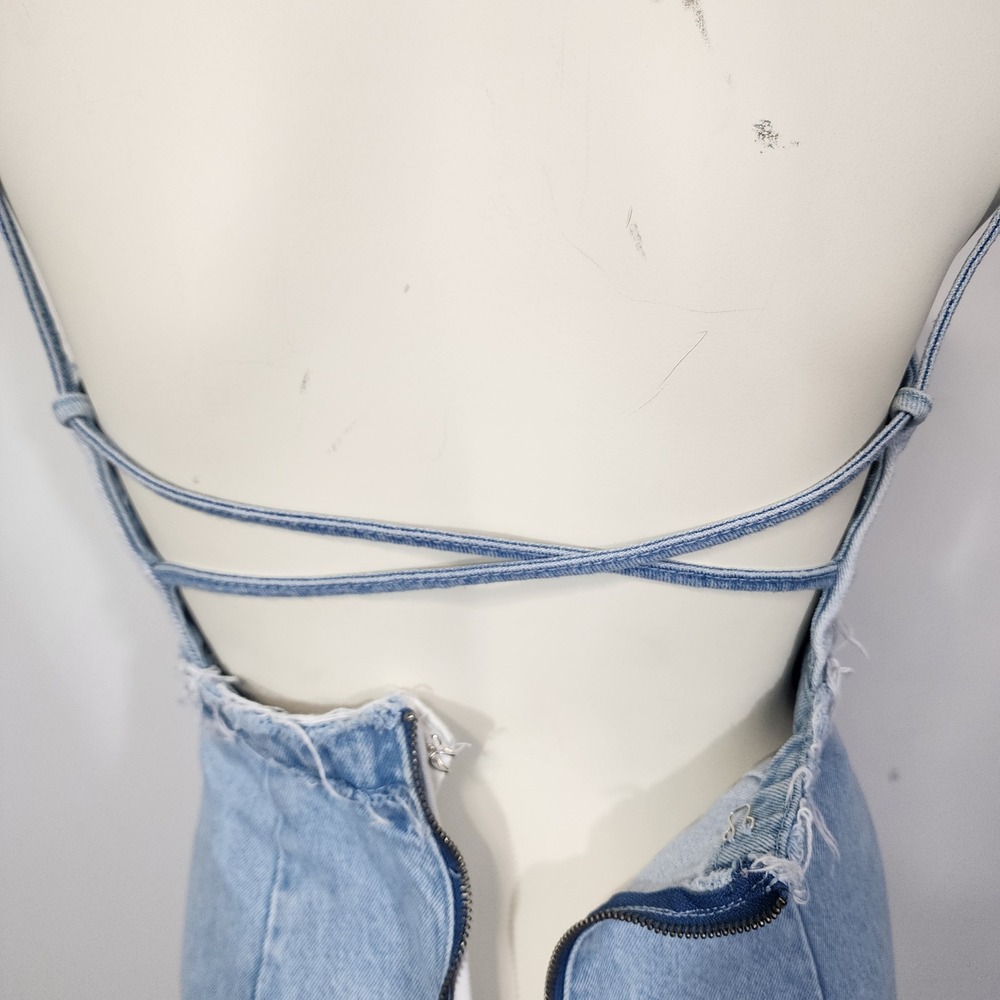 Zara TRF Denim Makers Light Wash Mini Dress XS distressed Open Back cotton - Picture 8 of 13